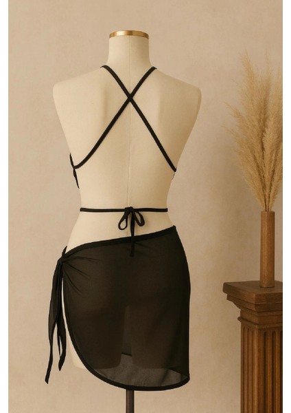 Marsilyan- Kadın Siyah Çapraz Bağlamalı Crop ve Pareo 2'li Set fiyatları