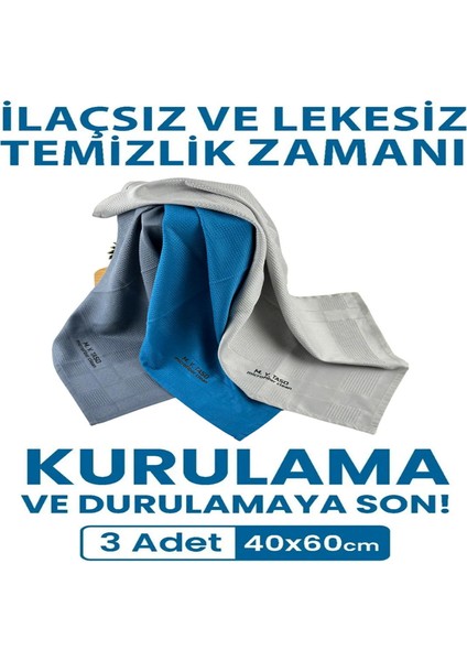 3’lü 60×40 cm Sihirli Cam Bezi – Iz Bırakmayan Mikrofiber Cam ve Ayna Temizlik Bezi