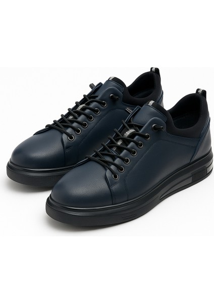 GR0223 Deri Lacivert Erkek Lastik Bağcık İthal Taban Sneaker Ayakkabı indirimleri