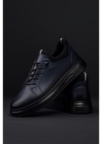 GR0223 Deri Lacivert Erkek Lastik Bağcık İthal Taban Sneaker Ayakkabı