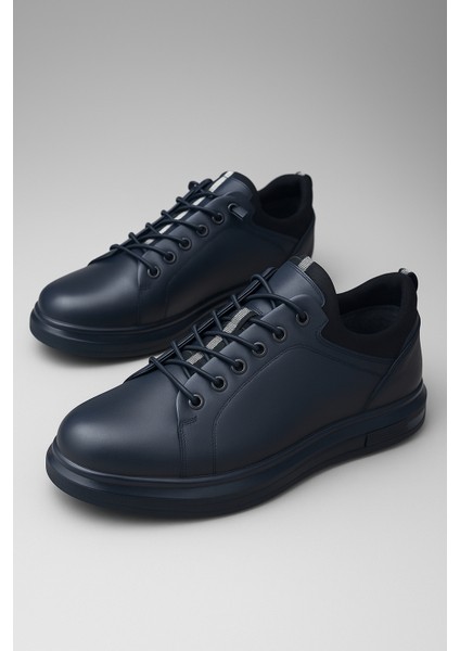 GR0223 Deri Lacivert Erkek Lastik Bağcık İthal Taban Sneaker Ayakkabı