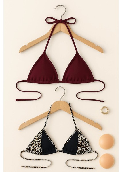 Marsilyan- Kadın Leopar Desenli ve Bordo Minimal Kesim Üçgen Bikini Üstü fiyatları