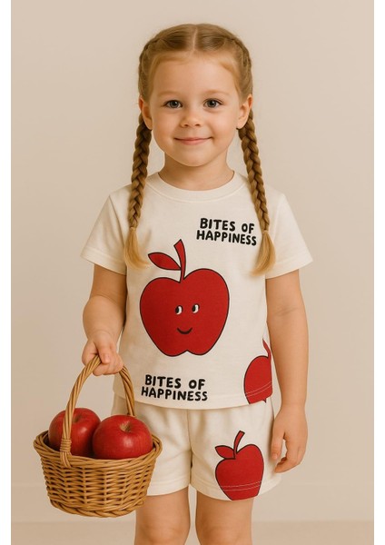 Elmalı Baskı Desenli Pembe Kız Alt-Üst Takım