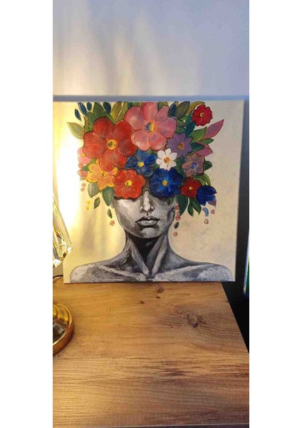 Içimdeki Çiçek Tablo - El Yapımı Yağlı Boya Akrilik Boya, 40X40 , Duvar Sanatı, Dekoratif Tablo