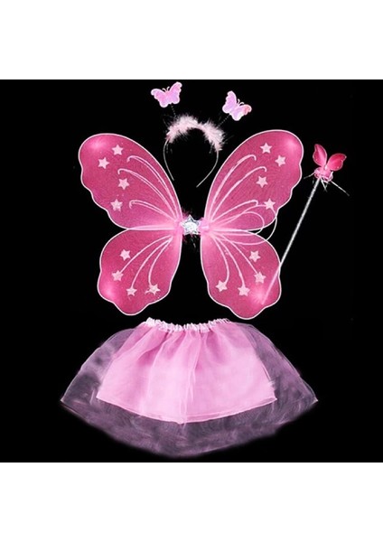 Toz Pembe Kelebek Kostümü - Toz Pembe Kelebek Kostüm Aksesuar Seti 4 Parça (4887)