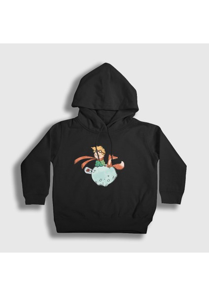 Unisex Çocuk Siyah Fox Le Petit Prince Küçük Prens Kapüşonlu Sweatshirt