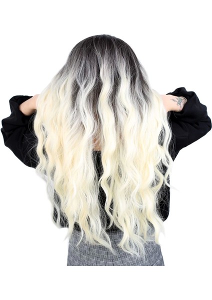 Fiber Sentetik Uzun Su Dalgası Peruk - Açık Siyah / Platin Ombreli fırsatları