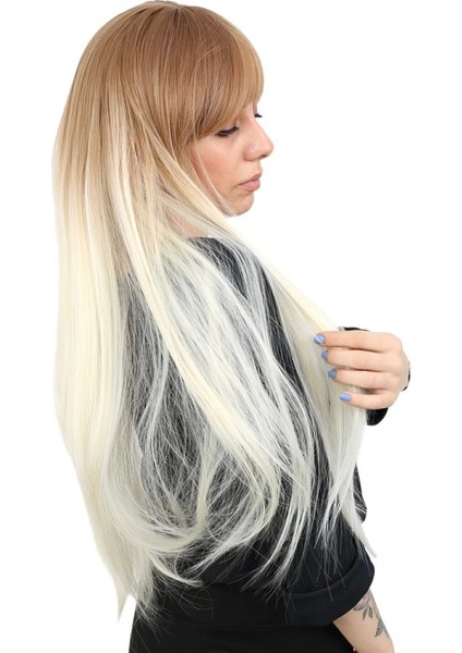 Fiber Sentetik Uzun Düz Kahküllü Peruk - Balköpüğü / Platin Ombreli fiyatları