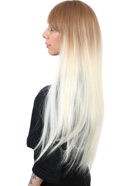 Fiber Sentetik Uzun Düz Kahküllü Peruk - Balköpüğü / Platin Ombreli modelleri