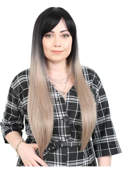 Fiber Sentetik Uzun Düz Kahküllü Peruk - Siyah / Küllü Bebek Sarı Ombreli
