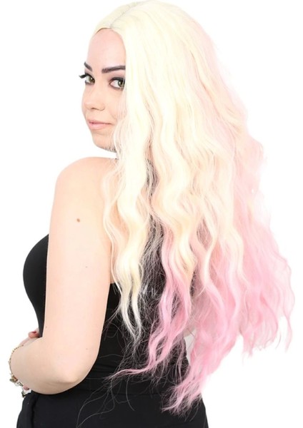 Fiber Sentetik Uzun Su Dalgası Peruk - Platin / Pembe Ombreli modelleri