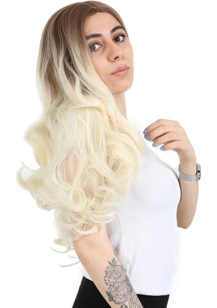 Yoğun Dalgalı Fiber Sentetik Uzun Perçemsiz Peruk - Kumral / Platin Ombreli fiyatları