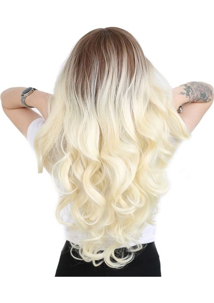 Yoğun Dalgalı Fiber Sentetik Uzun Perçemsiz Peruk - Kumral / Platin Ombreli fırsatları