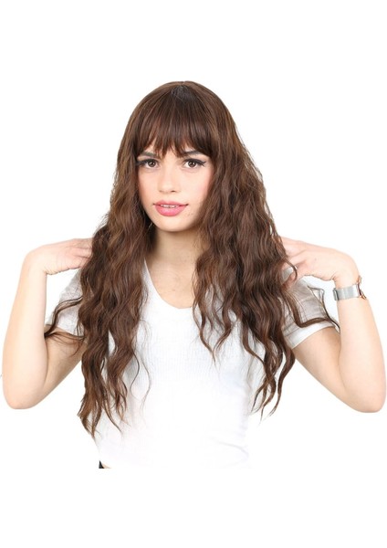 Perçemli Uzun Su Dalgası Fiber Sentetik Peruk- Kahve Karamel