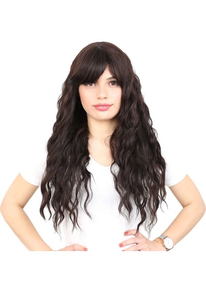 Perçemli Uzun Su Dalgası Fiber Sentetik Peruk- Koyu Kahve
