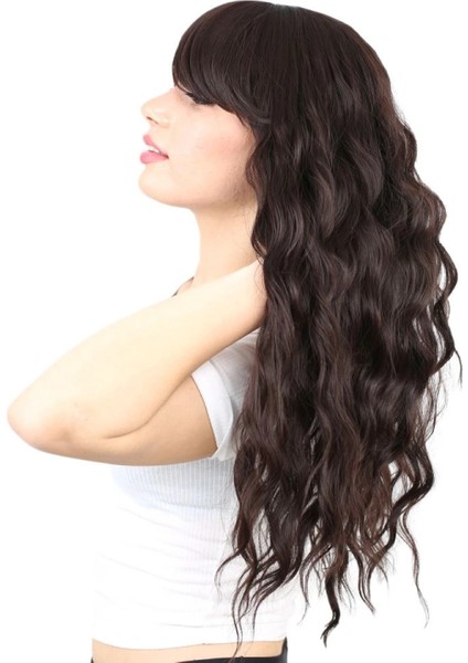 Perçemli Uzun Su Dalgası Fiber Sentetik Peruk- Koyu Kahve modelleri