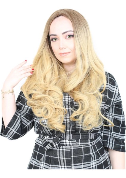 Yoğun Dalgalı Fiber Sentetik Uzun Perçemsiz Peruk - Kumral / Sarı Ombreli