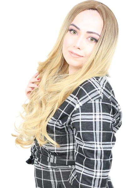 Yoğun Dalgalı Fiber Sentetik Uzun Perçemsiz Peruk - Kumral / Sarı Ombreli modelleri