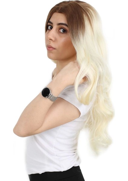 Yoğun Dalgalı Fiber Sentetik Uzun Perçemsiz Peruk - Balköpüğü / Platin Uzun Ombreli modelleri