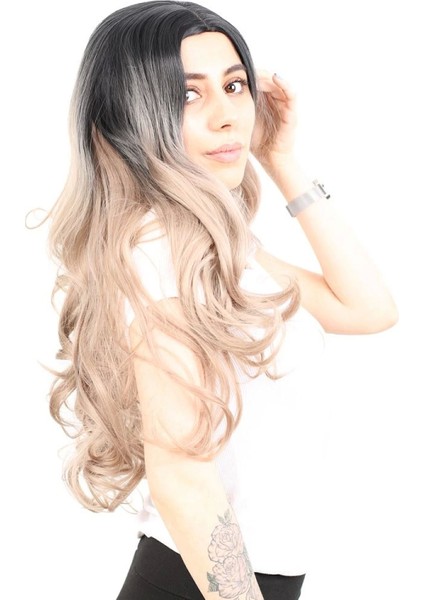 Yoğun Dalgalı Fiber Sentetik Uzun Perçemsiz Peruk - Siyah / Küllü Bebek Sarı Ombreli fiyatları