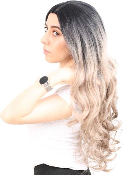 Yoğun Dalgalı Fiber Sentetik Uzun Perçemsiz Peruk - Siyah / Küllü Bebek Sarı Ombreli modelleri