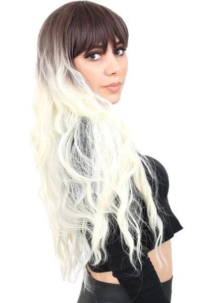 Perçemli Uzun Su Dalgası Fiber Sentetik Peruk - Küllü Açık Kahve / Platin Ombreli fiyatları