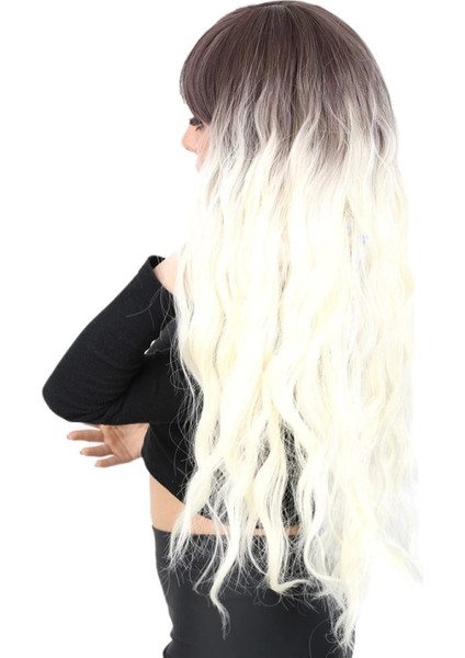 Perçemli Uzun Su Dalgası Fiber Sentetik Peruk - Küllü Açık Kahve / Platin Ombreli modelleri