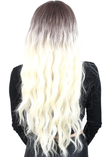 Perçemli Uzun Su Dalgası Fiber Sentetik Peruk - Küllü Açık Kahve / Platin Ombreli fırsatları