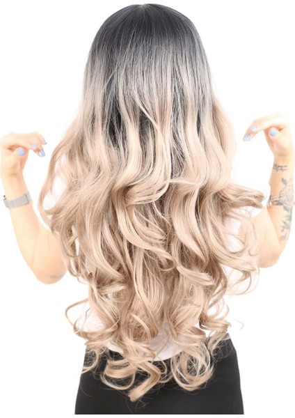 Yoğun Dalgalı Fiber Sentetik Uzun Perçemsiz Peruk - Siyah / Küllü Bebek Sarı Ombreli fırsatları