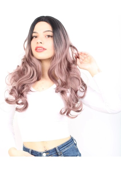 Yoğun Dalgalı Fiber Sentetik Uzun Perçemsiz Peruk - Siyah / Gül Kurusu Ombreli