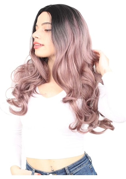 Yoğun Dalgalı Fiber Sentetik Uzun Perçemsiz Peruk - Siyah / Gül Kurusu Ombreli modelleri