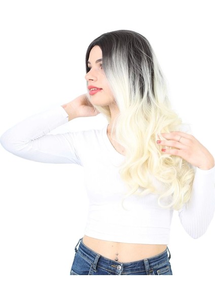 Yoğun Dalgalı Fiber Sentetik Uzun Perçemsiz Peruk - Küllü Siyah / Platin Ombreli modelleri