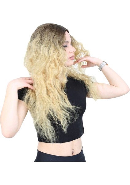 Kabarık Dalgalı Uzun Fiber Sentetik Peruk - Kumral / Sarı Ombreli fiyatları