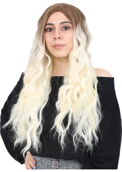 Su Dalgası Uzun Perçemsiz Fiber Sentetik Peruk - Kumral / Platin Ombreli