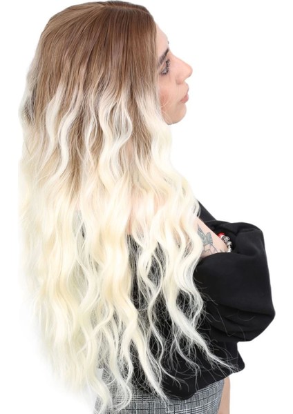 Su Dalgası Uzun Perçemsiz Fiber Sentetik Peruk - Kumral / Platin Ombreli fiyatları