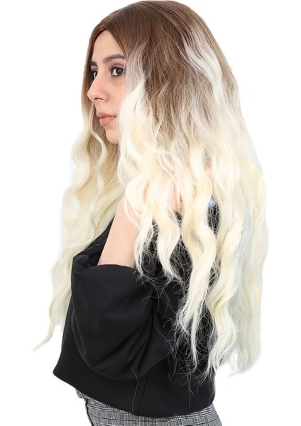 Su Dalgası Uzun Perçemsiz Fiber Sentetik Peruk - Kumral / Platin Ombreli modelleri