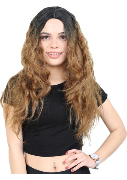 Kabarık Dalgalı Uzun Fiber Sentetik Peruk - Siyah / Karamel Ombreli