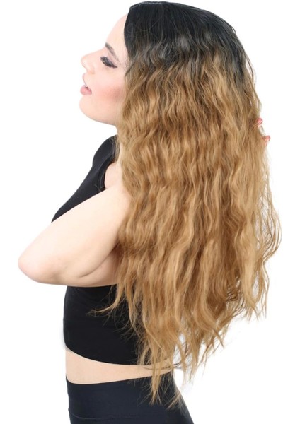 Kabarık Dalgalı Uzun Fiber Sentetik Peruk - Siyah / Karamel Ombreli modelleri