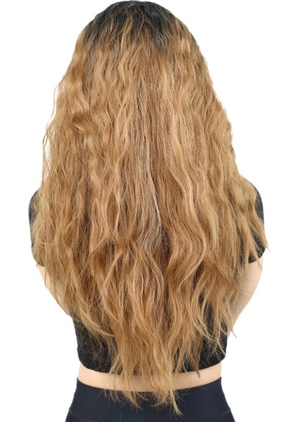 Kabarık Dalgalı Uzun Fiber Sentetik Peruk - Siyah / Karamel Ombreli fırsatları
