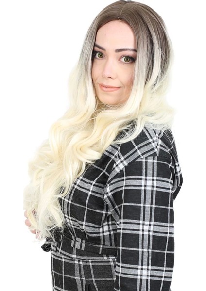 Yoğun Dalgalı Fiber Sentetik Uzun Perçemsiz Peruk - Küllü Açık Kahve / Platin Ombreli modelleri