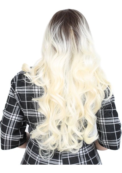 Yoğun Dalgalı Fiber Sentetik Uzun Perçemsiz Peruk - Küllü Açık Kahve / Platin Ombreli fırsatları