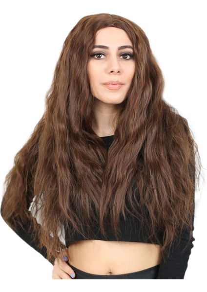 Kabarık Dalgalı Uzun Fiber Sentetik Peruk - Kahve Karamel