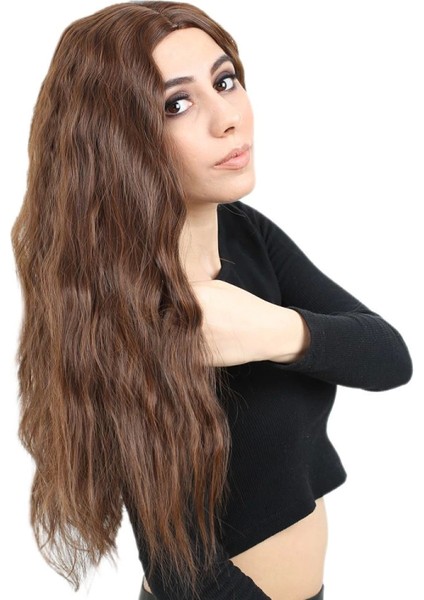 Kabarık Dalgalı Uzun Fiber Sentetik Peruk - Kahve Karamel fiyatları