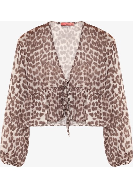 Leopar Desenli Bağcıklı Fırfırlı Tül Bluz Bej