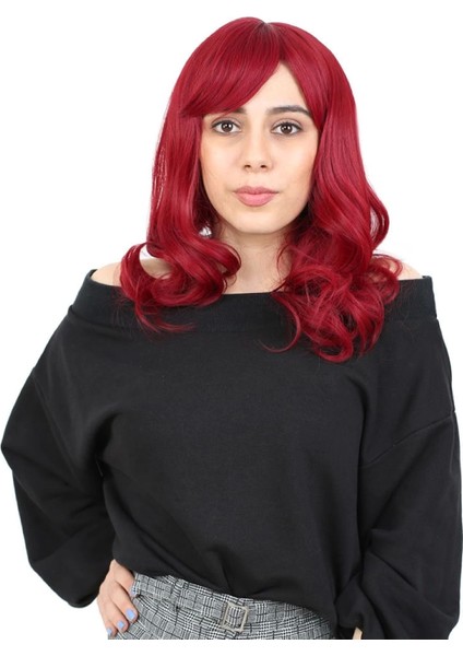 Dalgalı Perçemli Orta Boy Fiber Sentetik Peruk - Kızıl