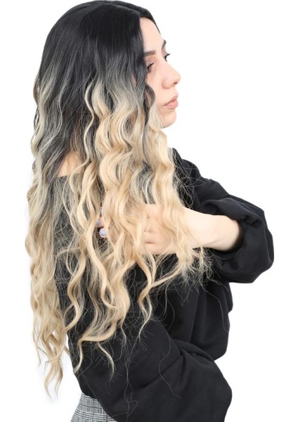 Su Dalgası Uzun Perçemsiz Fiber Sentetik Peruk - Siyah / Balköpüğü Ombreli fiyatları