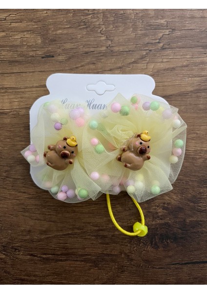 Kız Çocuk Capybara Boncuk Tüllü Simli Pullu 1 Çift Lastik Toka Kapibara