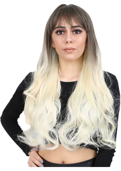Kahküllü Uzun Dalgalı Fiber Sentetik Peruk - Küllü Açık Kahve / Platin Ombreli