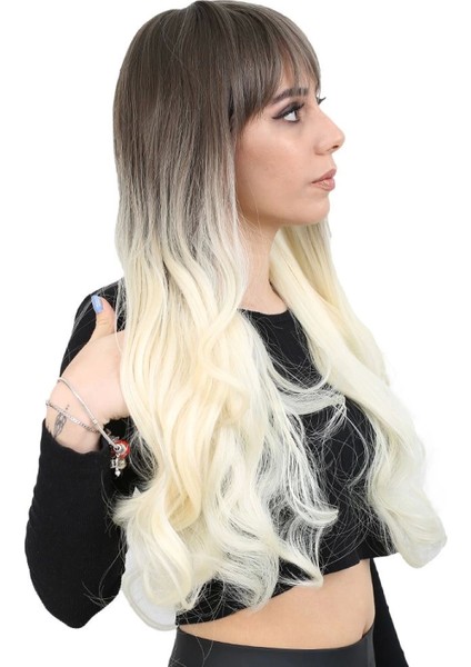 Kahküllü Uzun Dalgalı Fiber Sentetik Peruk - Küllü Açık Kahve / Platin Ombreli fiyatları