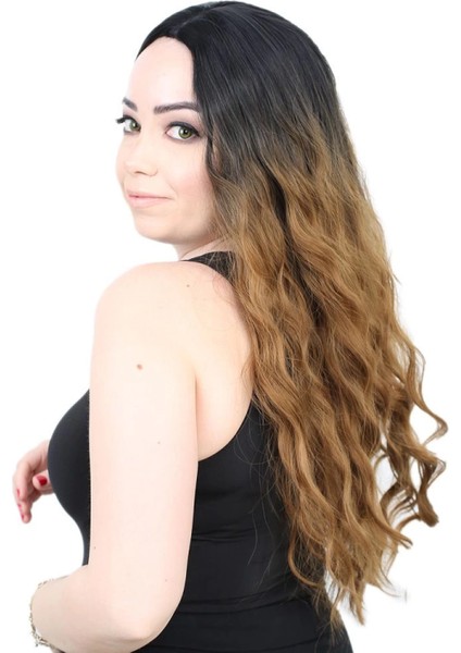 Su Dalgası Uzun Perçemsiz Fiber Sentetik Peruk - Siyah / Karamel Ombreli modelleri